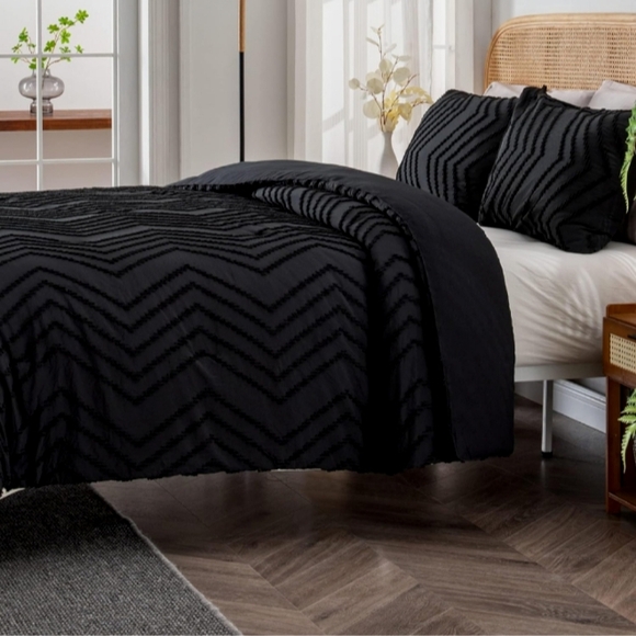 Black Chevron Tufted Zigzag Textured King Size Bed Boho Comforter Set Bedding - Picture 6 of 15